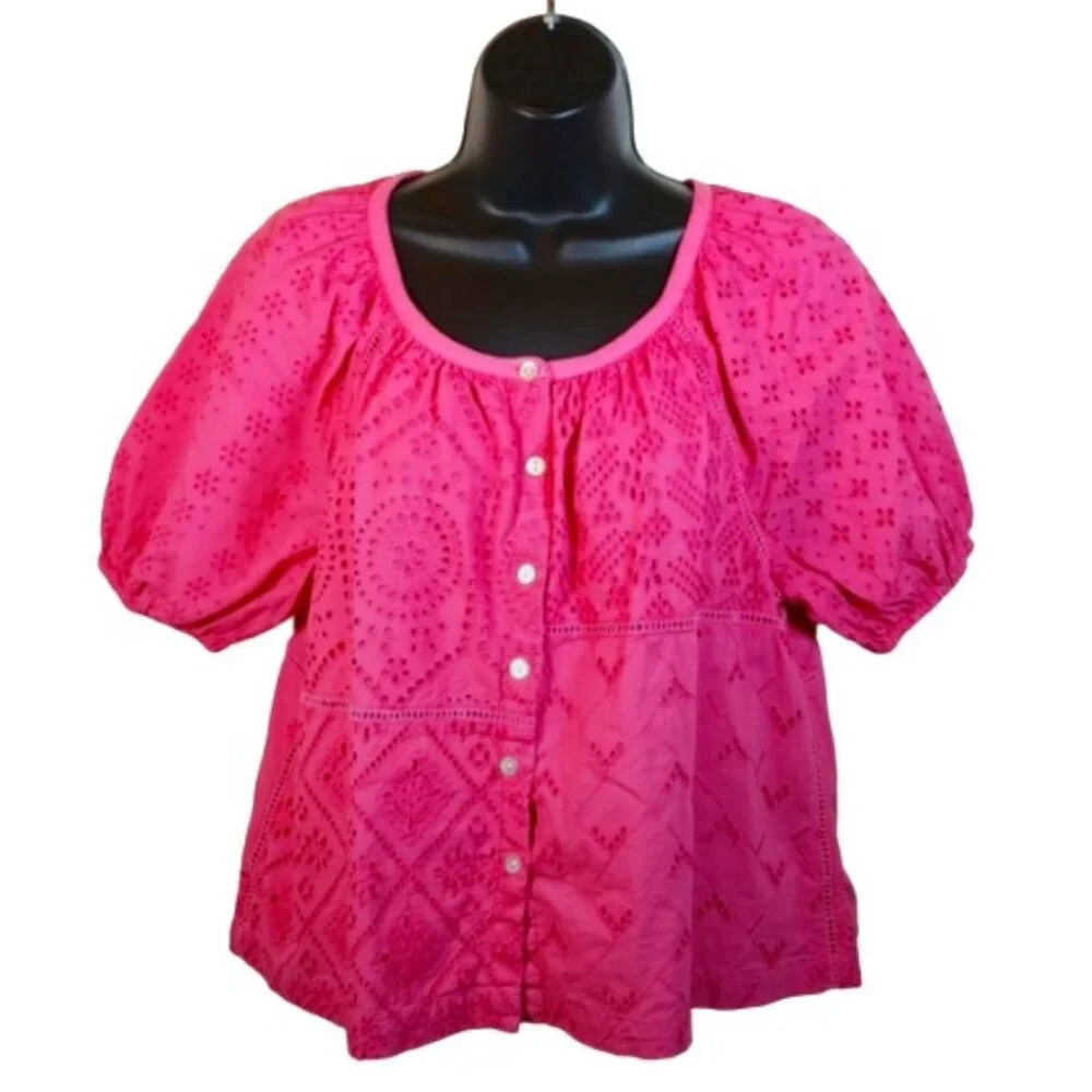Faherty Carmel Eyelet Organic Cotton Top in pink size small